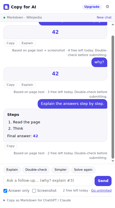 Copy for AI side panel showing answers and a follow-up conversation about the page